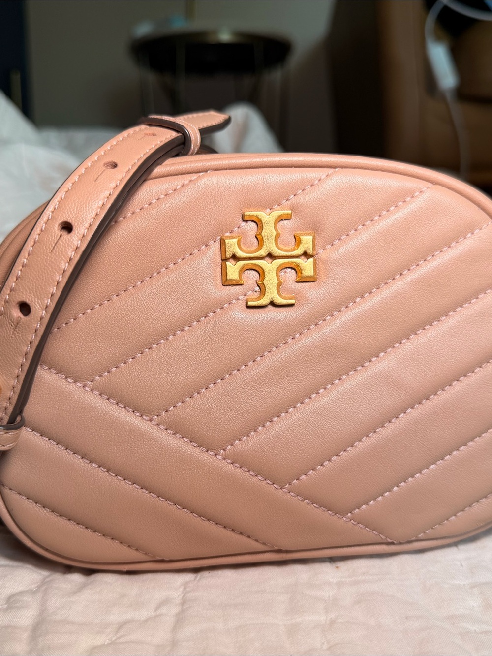 Tory Burch Blush Pink Quilted Leather Crossbody with Gold Logo camera bag